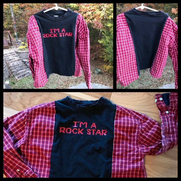 Upcycled Boy’s Plaid Tee: Rock Star Graphic T-Shirt w/Long Sleeves, Size 6-10 - Picture 8 of 8
